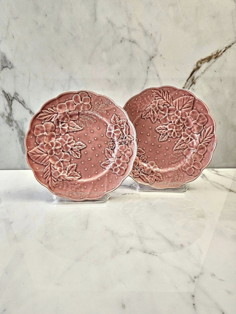 Vintage Bordallo Pinheiro Ingrid Pink Flower Plates Set Of 2, Ceramic Majolica